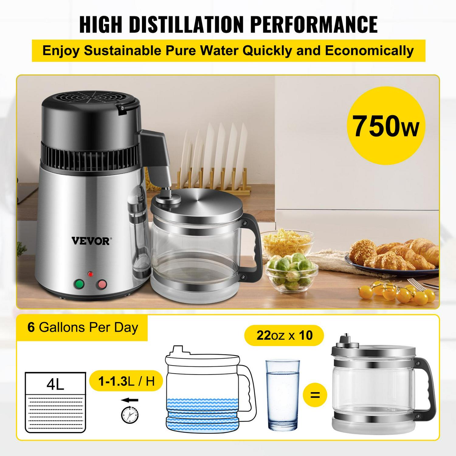 VEVORbrand 4L Water Distiller Purifier Machine 304 Stainless Steel DualButton Water Distiller 750W DualButton Water Distiller for Interior Home Sliver  Crowdfused