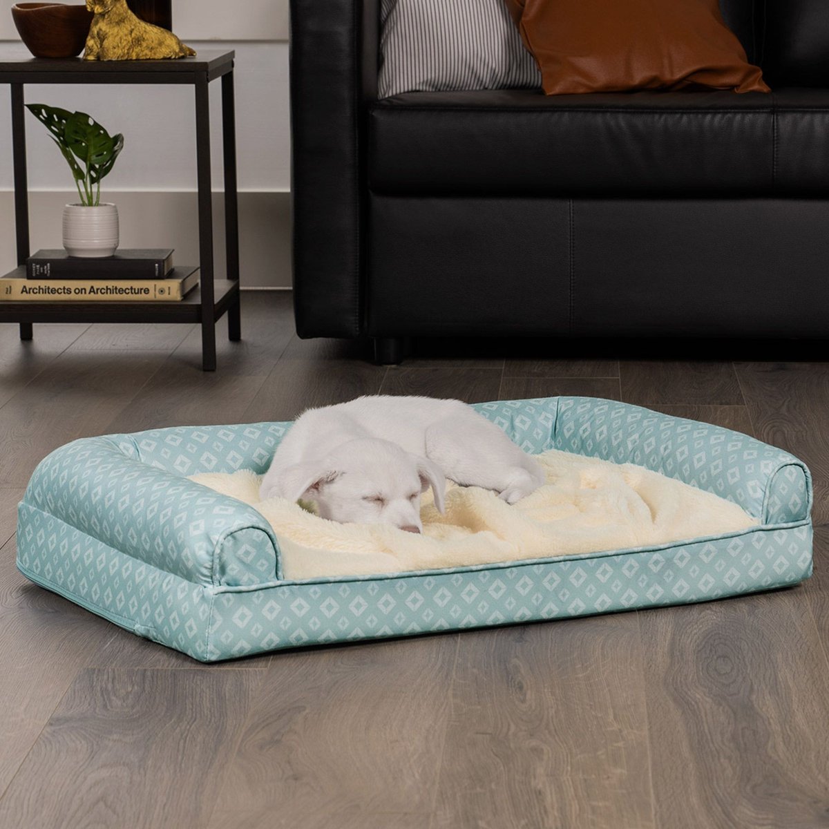 FurHaven Pet Products Plush Fur and Diamond Print Nest-Top Memory Foam Sofa Cat and Dog Bed