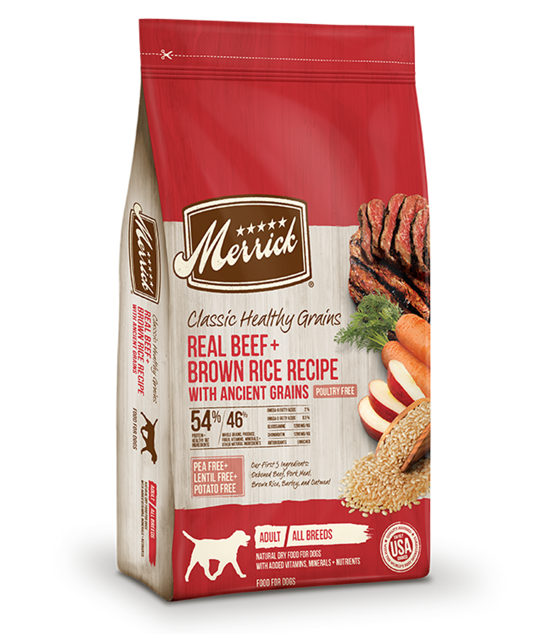 Merrick Classic Healthy Grains Real Beef + Brown Rice Recipe With Ancient Grains Dog Food， 4 Lbs.