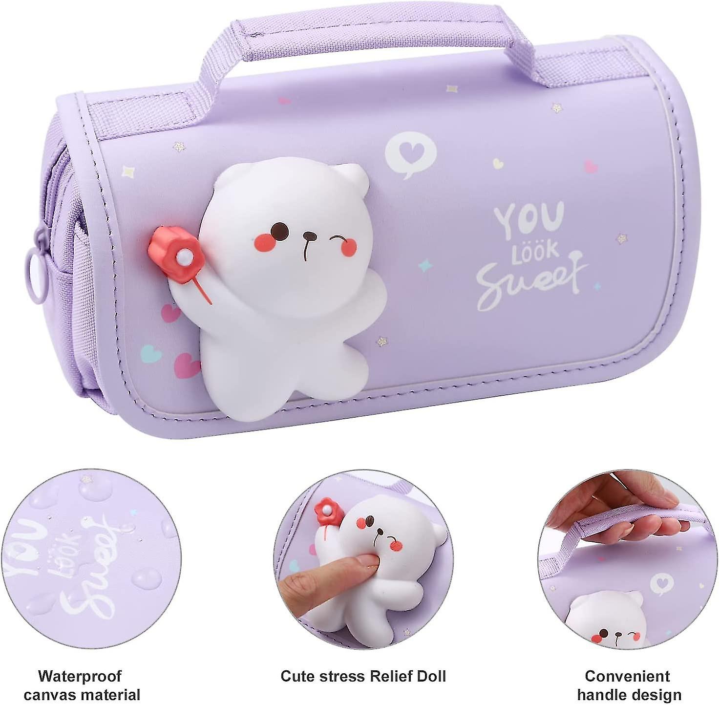 Veeki Pencil Case Large Pencil Pouch With Handle And Stress Relief Doll Cute Pencil Bag For Girls Students Kids School Pencil Case Organizer Purple