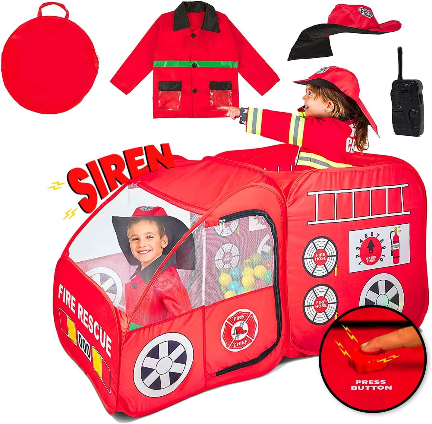 Fire Truck Pop Up Play Tent | Siren Sound Button | Firefighter Costume, Jacket and Hat– Red Fire Engine Playhouse for Kids, Toddlers, Boys, Indoors and Outdoors – Quick Setup Pretend Play Toys and Gift