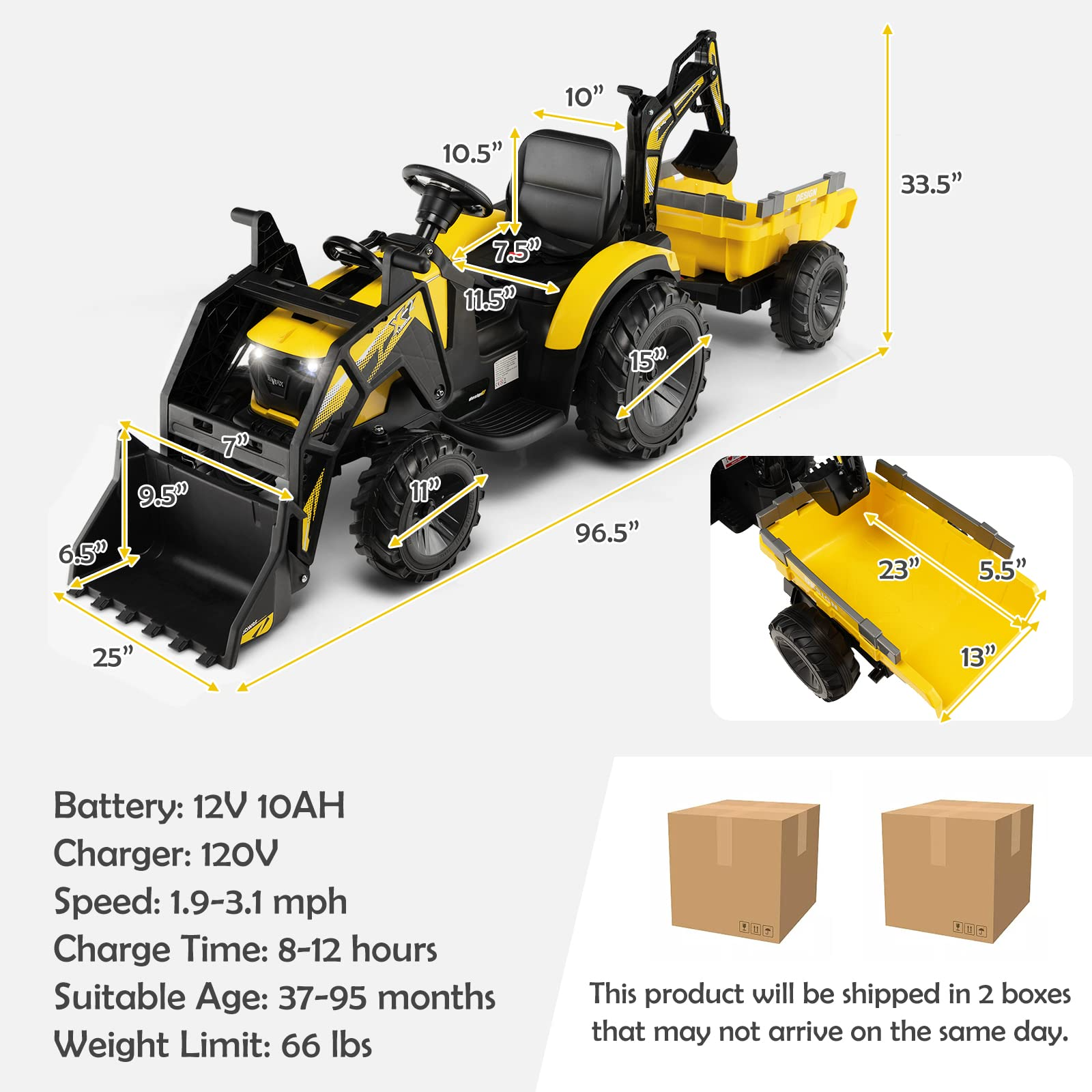 Costzon 3 in 1 Ride on Tractor, Excavator & Bulldozer, 12V Battery Powered Electric Vehicle w/ Trailer