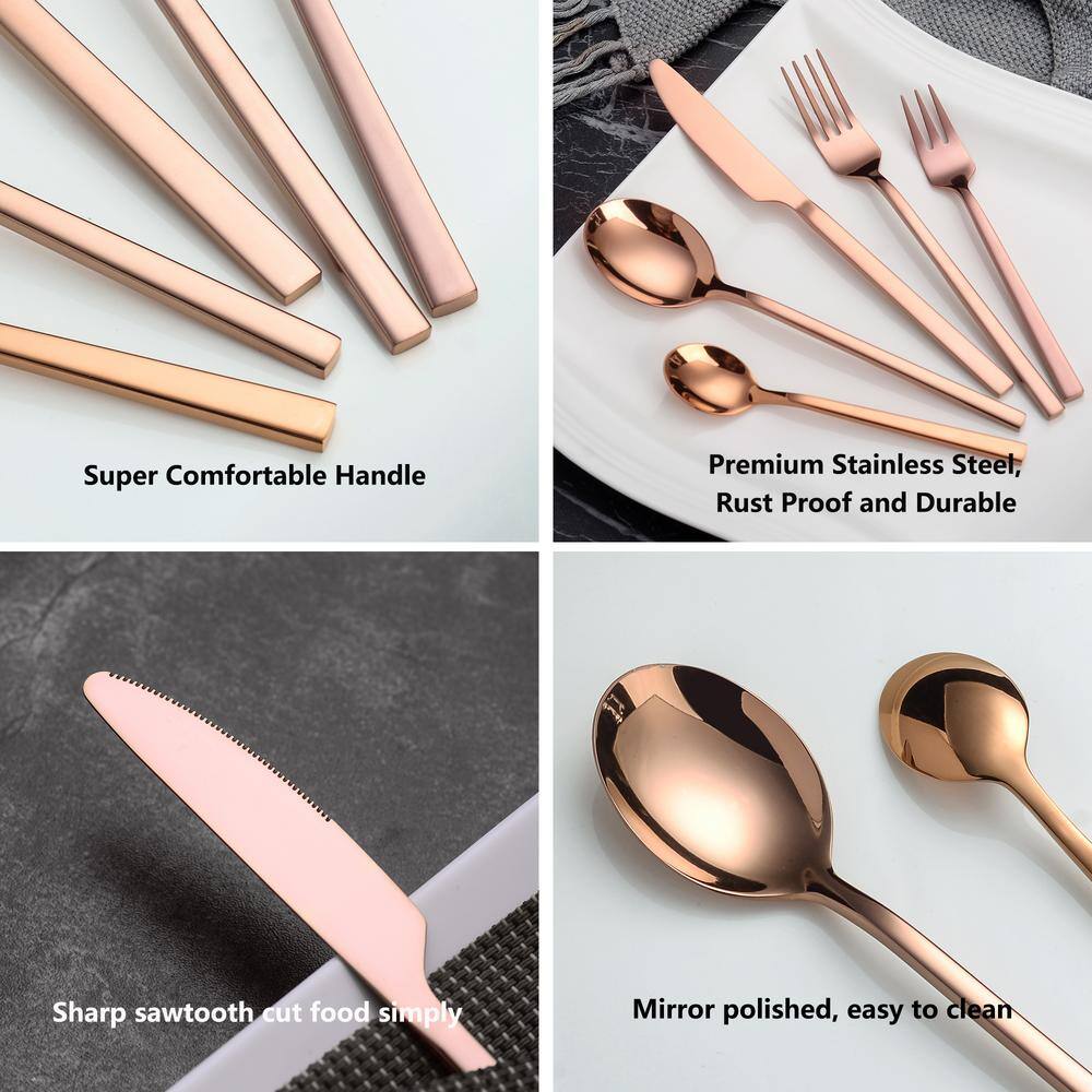 Velaze 30-Piece 188 Rose Gold Flatware Set Stainless Steel Eating Utensils Set Knife Fork Spoon Set (Service for 6) VLZ-FW-E30R