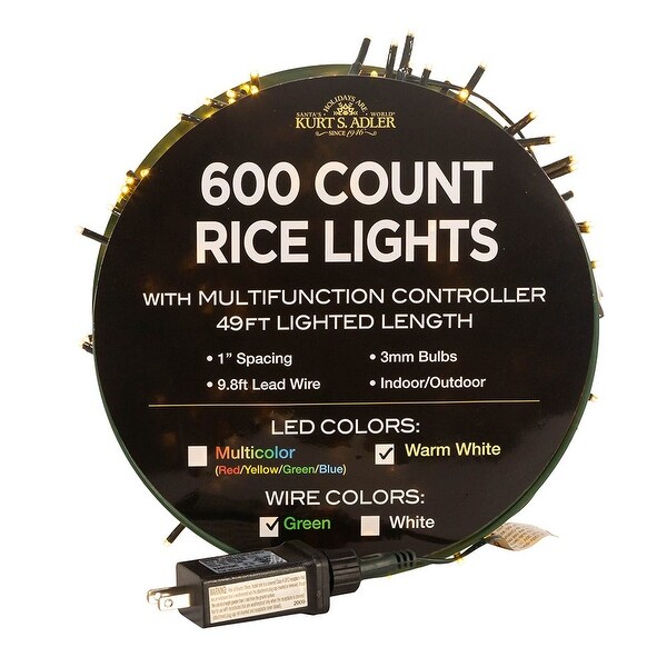 Kurt Adler 600Light 49Foot Warm White LED Rice Light Set