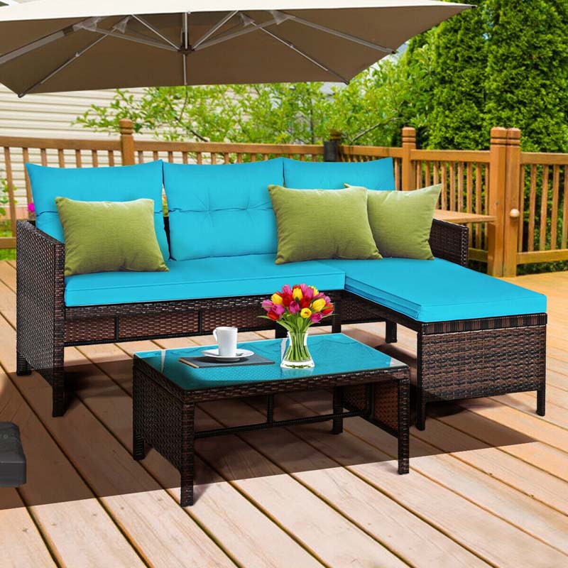 3 Pcs Rattan Patio Furniture Set Outdoor Conversation Sofa Set with Loveseat Chair & Coffee Table