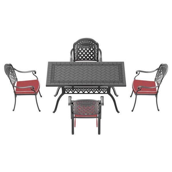 5/7Piece Cast Aluminum Outdoor Dining Set with 59.06'' L X 35.43'' W Rectangular Table and Random Color Seat Cushions