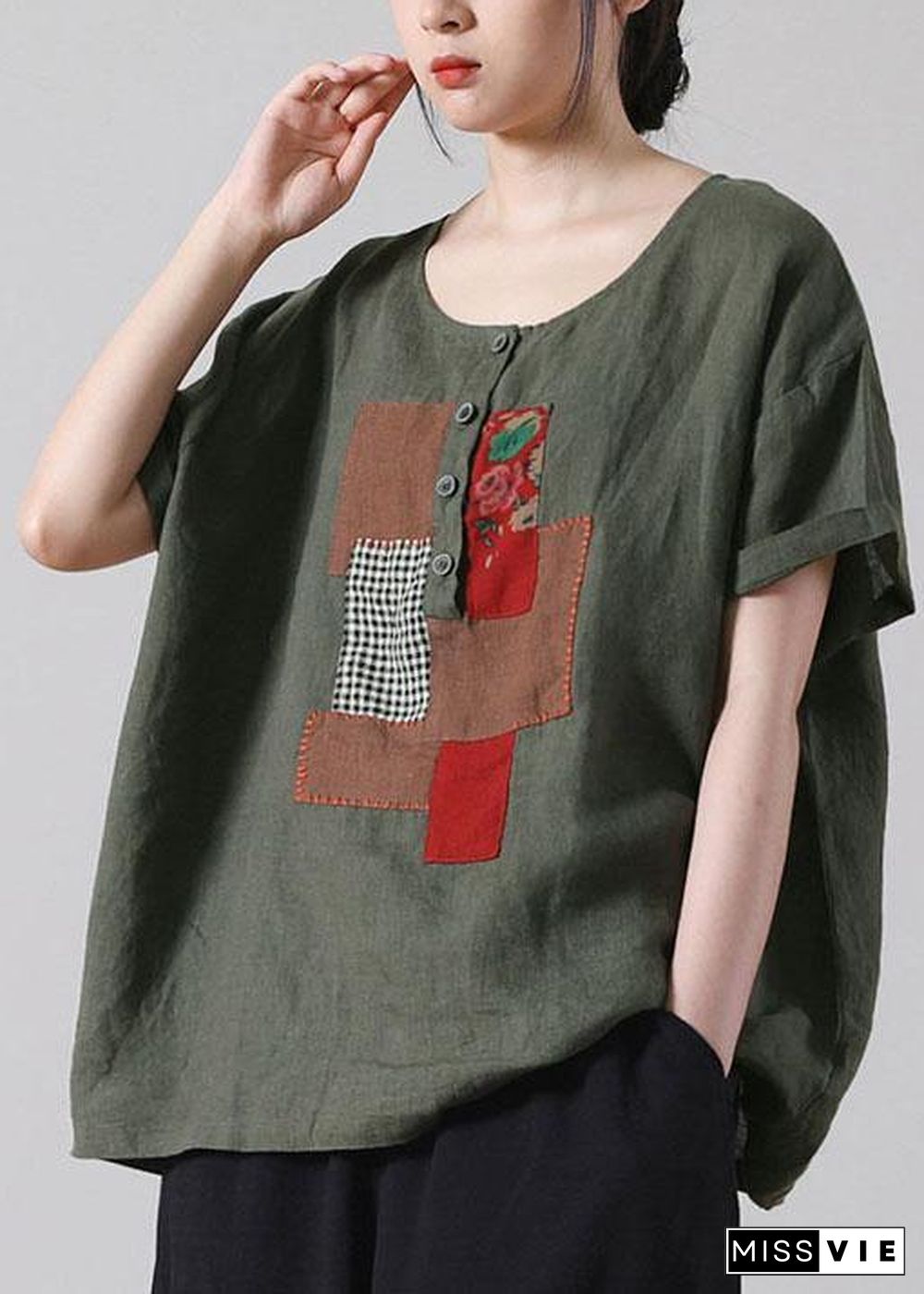 Organic Red Button Short Sleeve Cotton Linen Shirt Tops