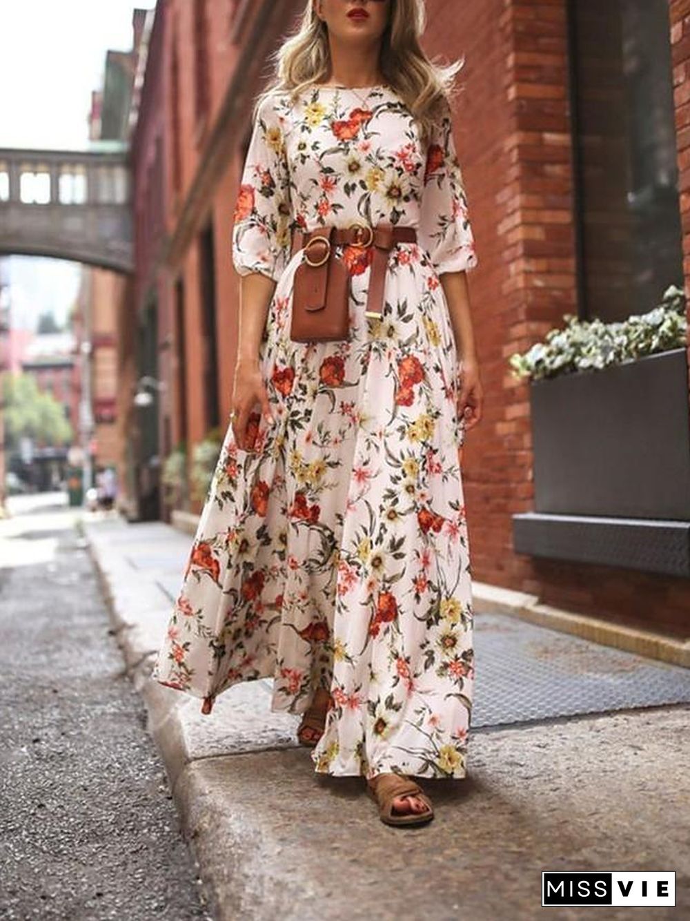 Women's Swing Dress Maxi long Dress - 3/4 Length Sleeve Floral Flower Print Spring Summer Casual Hot Holiday vacation dresses Lantern Sleeve Ruffle White S M L XL XXL