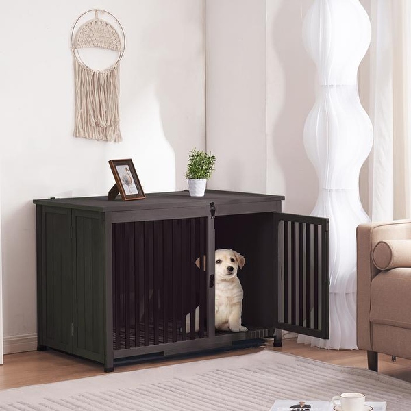 Mcombo Wooden Dog Crate Furniture End Table with Door， No Assembly Portable Foldable Dog Kennel Indoor with Removable Tray