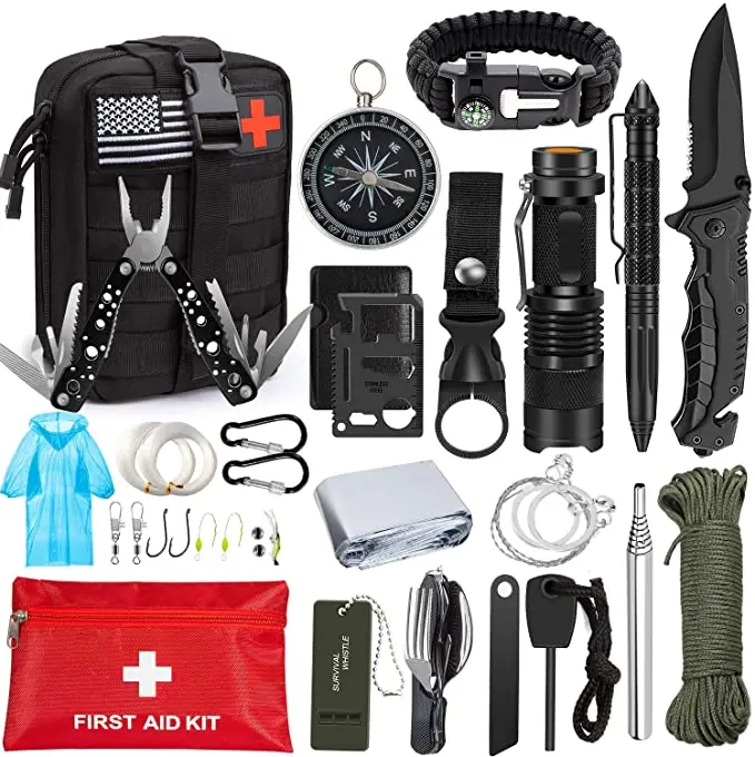 2023 New design Red Small First aid kit within 26 in 1 Survival kit for hiking easy to carry with hook