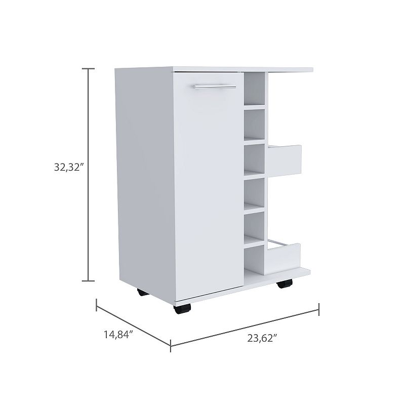 DEPOT E-SHOP Magda Bar Cart， Four Casters， Six Built-in Wine Rack， Single Door Cabinet， Two External Shelves， White