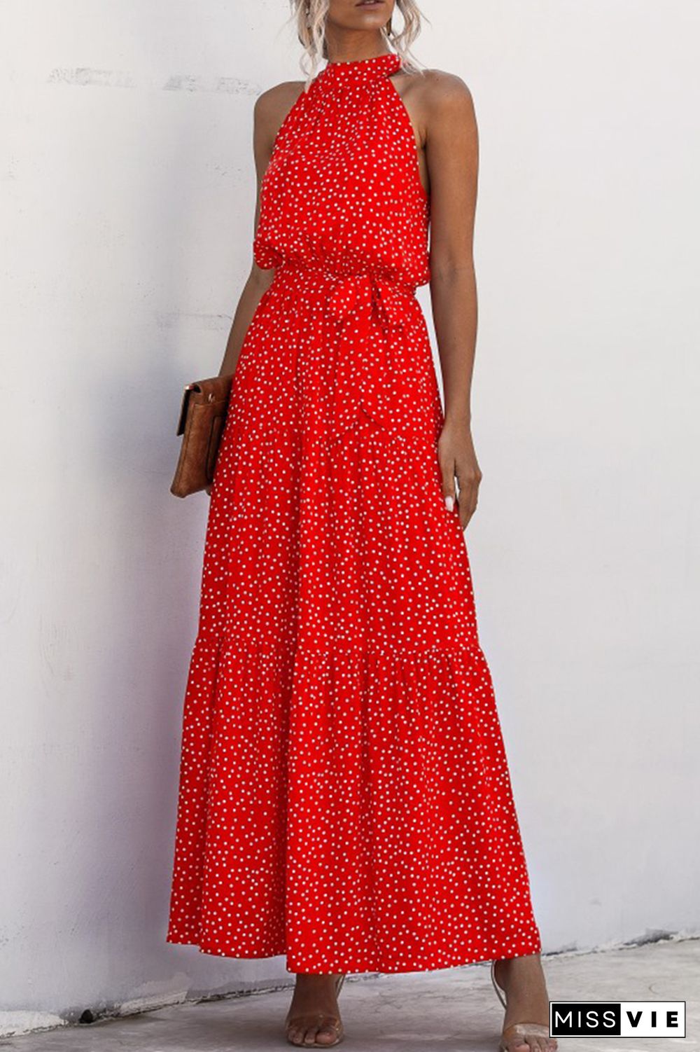 Halter Polka Dot Print Tie Waist Maxi Dress Wholesale