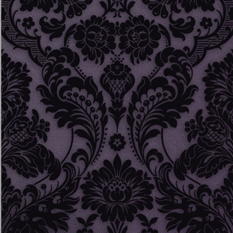 Sample Gothic Damask Flock Wallpaper in Plum