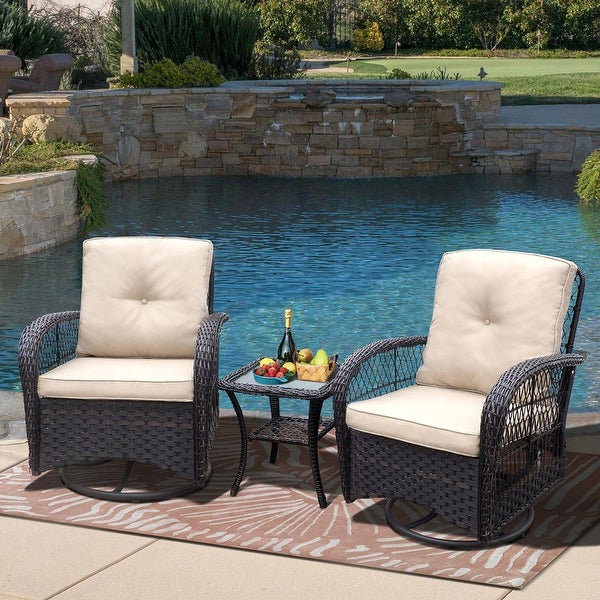 3-Pieces Conversation Set， Outdoor Wicker Rocker Swivel Patio Bistro Set， Rocking Chair with Glass Top Side Table for Garden - Overstock - 38006824