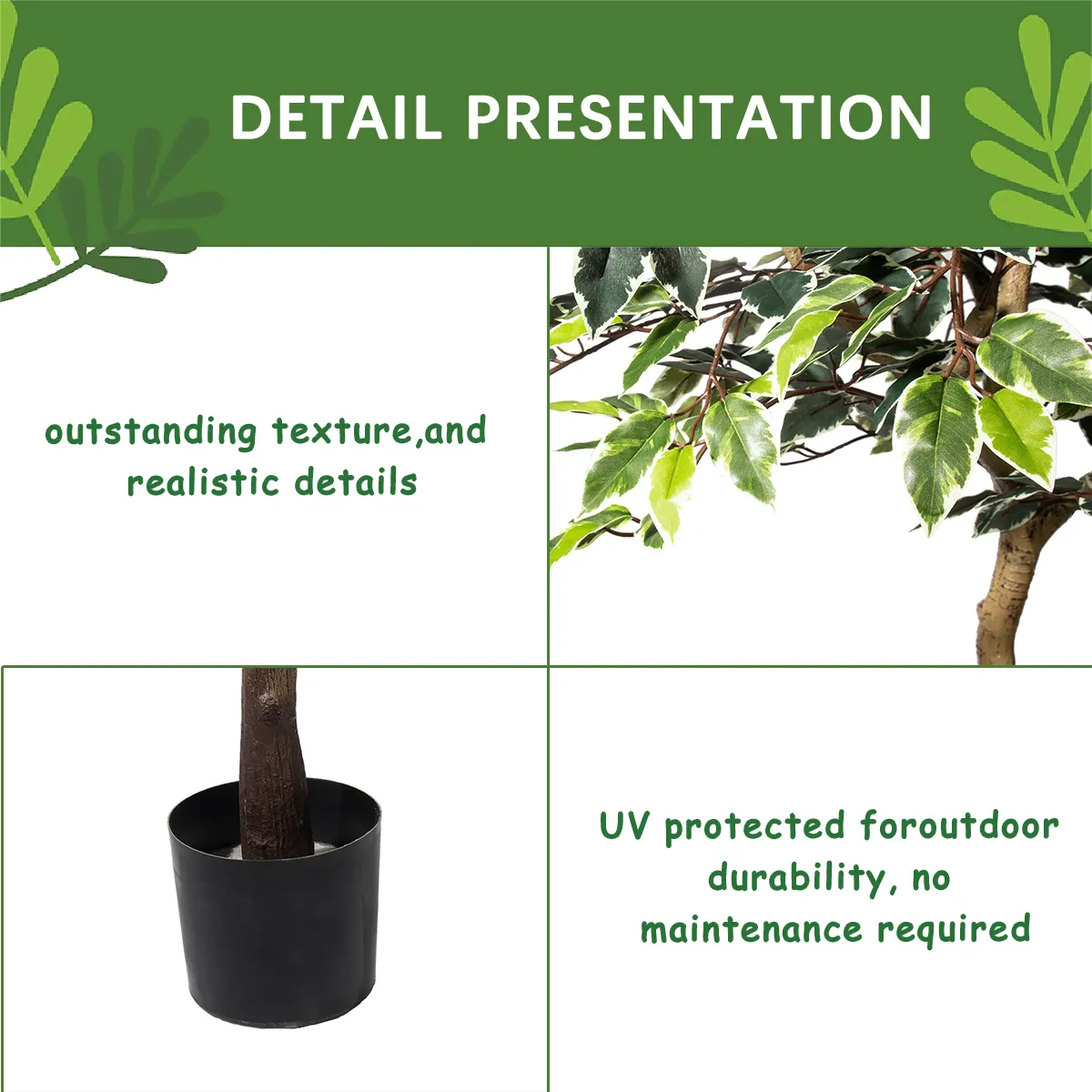 7843 Garden Supplies Faux Ficus Tree in Plastic Black Pot Indoor Artificial Tree Realistic Leaves and Trunk Plant Potted