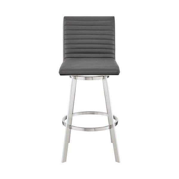 Aron 26 Inch Counter Height Swivel Stool， Vegan Faux Leather， Gray， Chrome