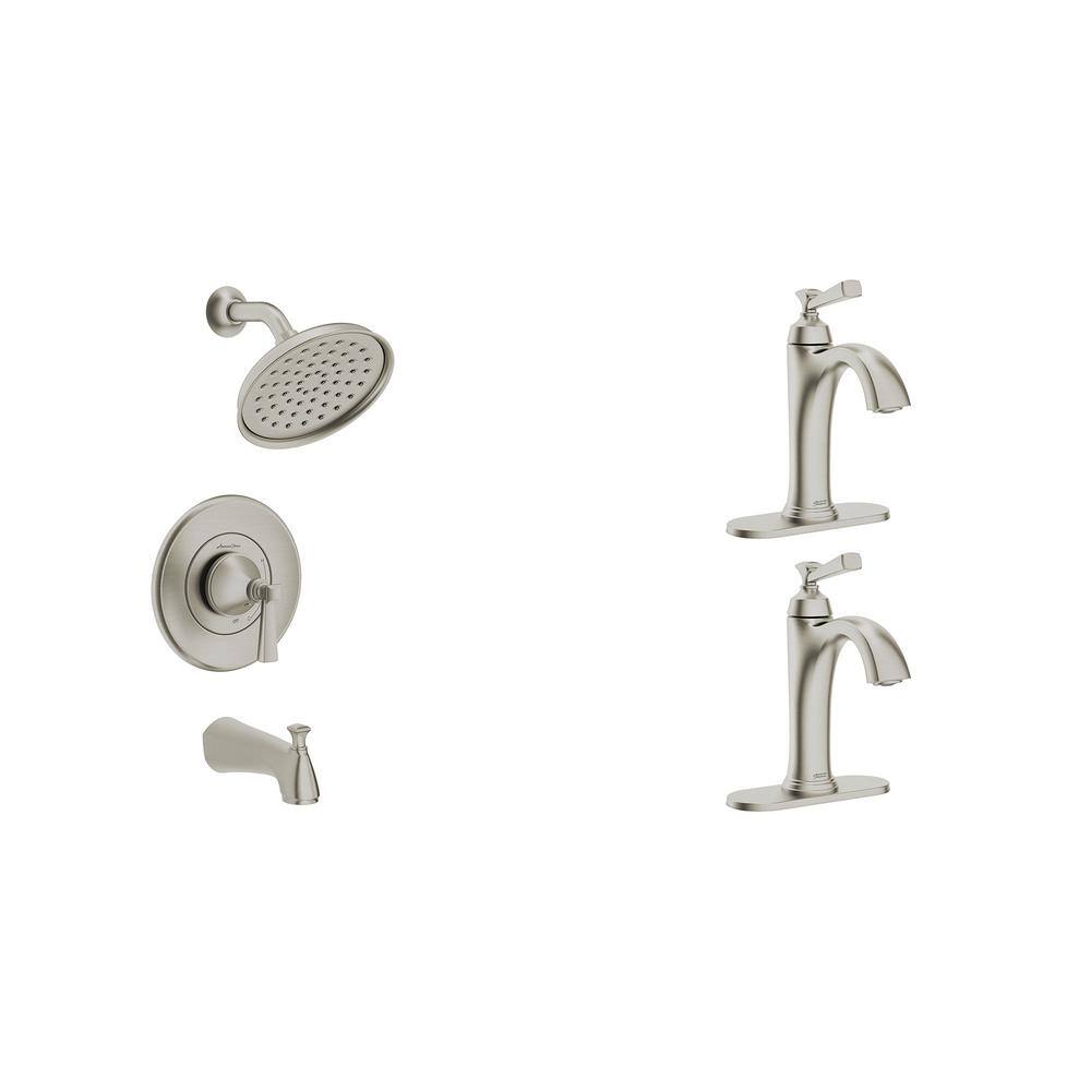 American Standard Rumson Single Hole Bathroom Faucet Set and SingleHandle 3-Spray Tub and Shower Faucet in Brushed Nickel (Valve Included) RumsonTS2MonoBN