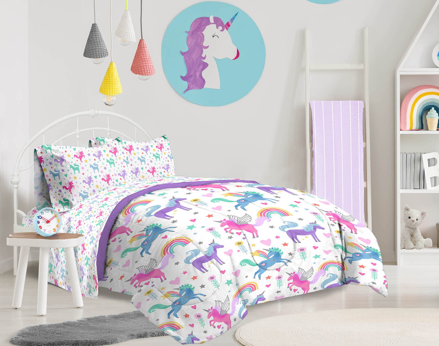 Jay Franco Unicorn Rainbow 5 Piece Full Kids Bed Set， 100% Microfiber， Pink