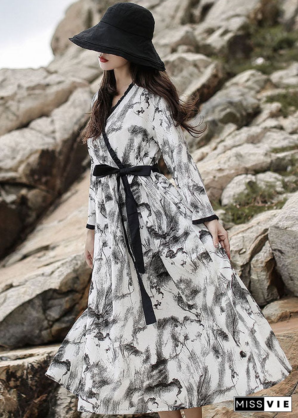 diy White V Neck Ruffled Print Maxi Dress Long Sleeve