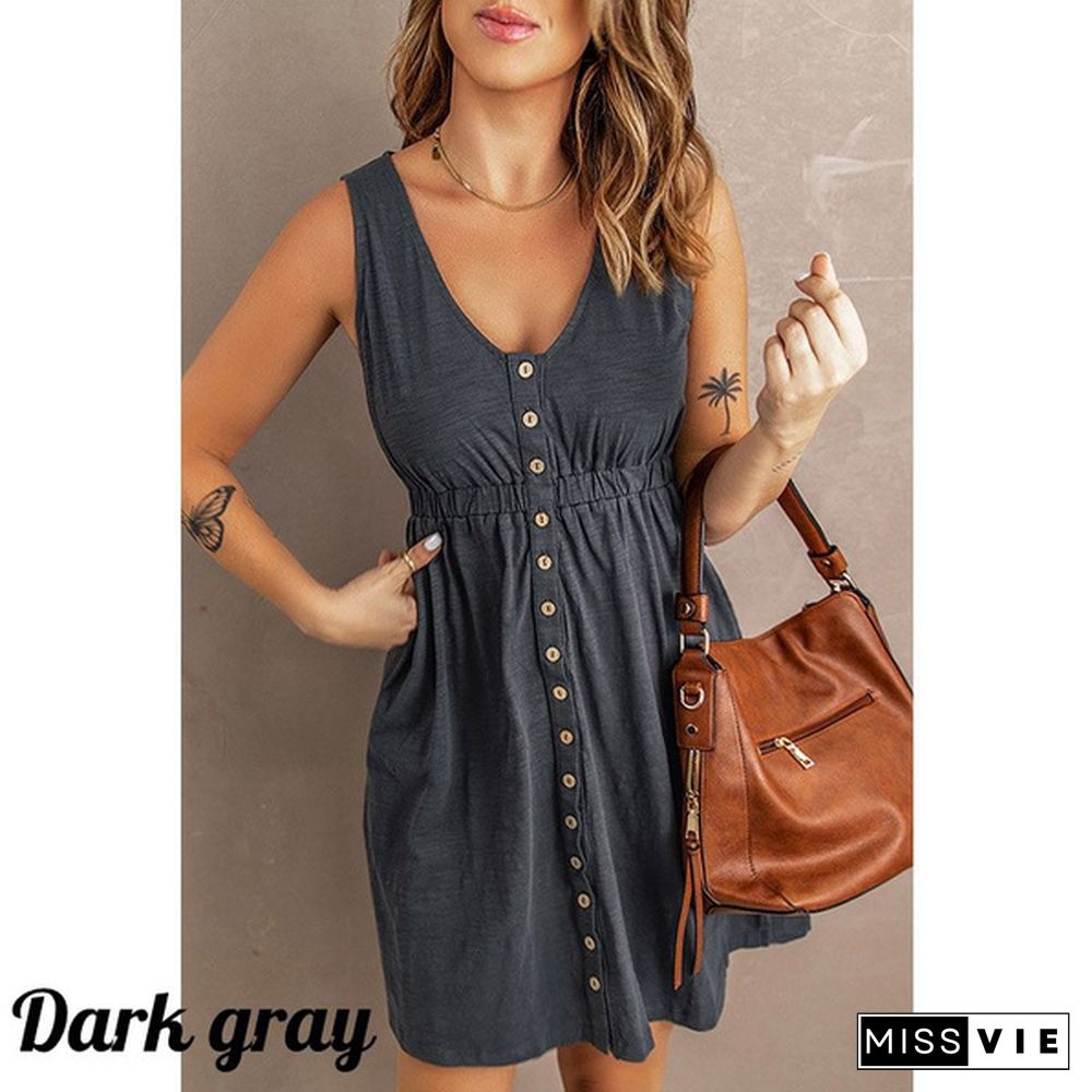 Womens Casual Sleeveless Button Down Elastic Waist Swing Loose Plain Short Dresses Plus Size Tank Tops Dresses