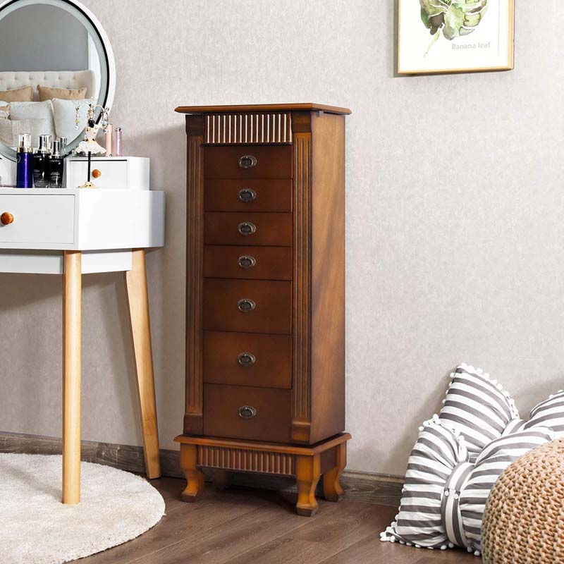 Large Capacity Standing Jewelry Armoire Cabinet Storage Chest with 7 Drawers, 2 Swing Doors & Makeup Mirror