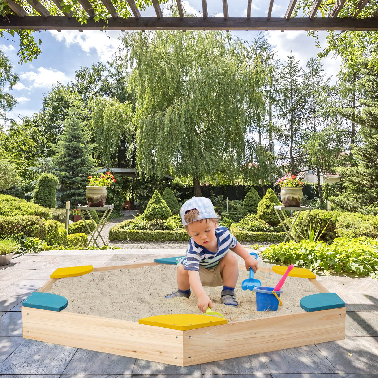 Costzon Kids Sandbox, Hexagon Large Cedar Wood Sand Box with 6 Built-in Corner Seating