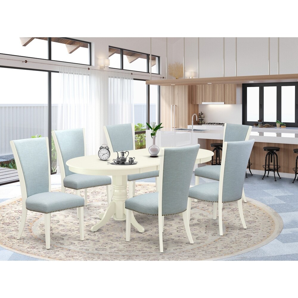 East West Furniture Dining Table Set  an Oval Dinner Table and Baby Blue Linen Fabric Chairs  Linen White(Pieces Options)