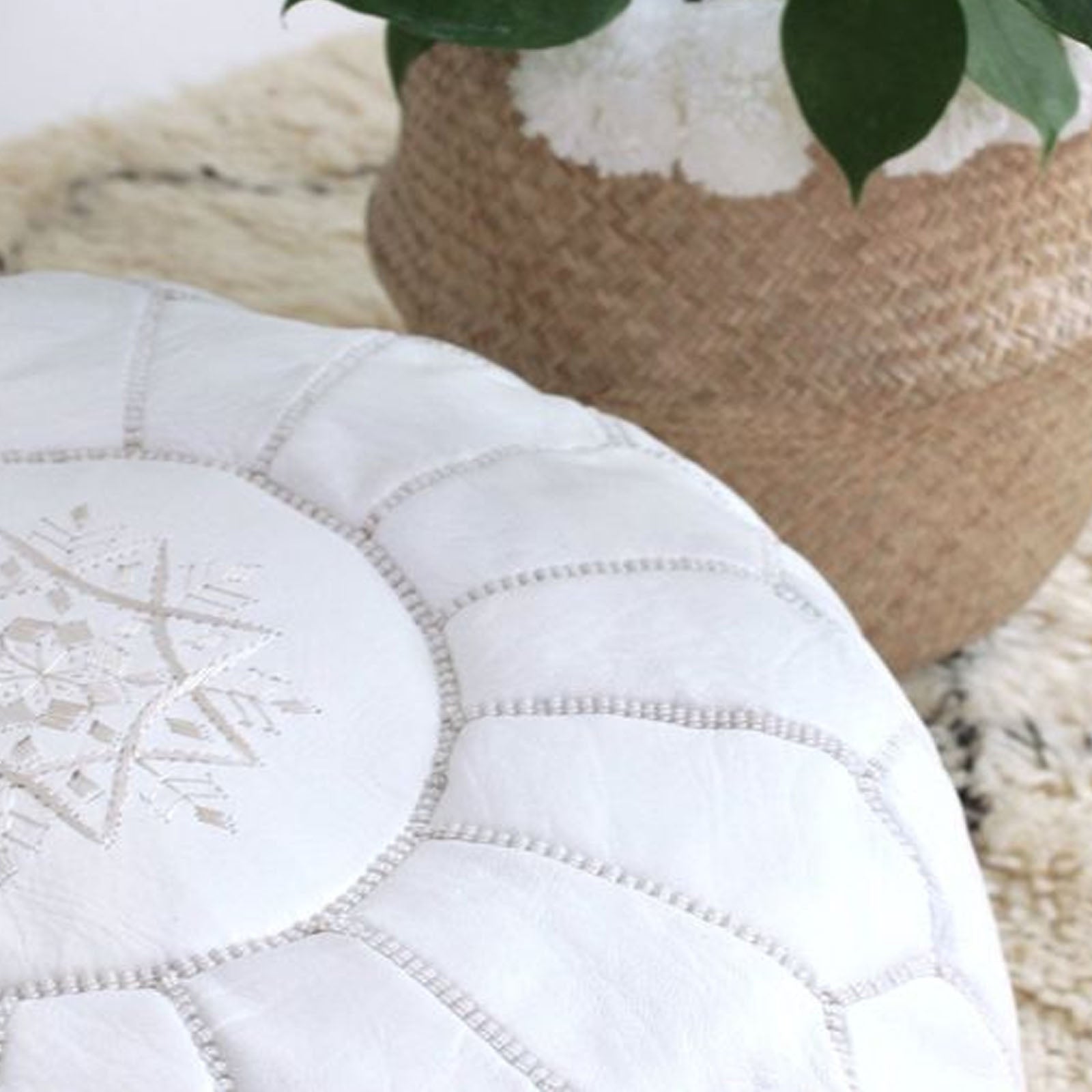 Handmade Genuine Leather Moroccan Style Pouf Morocco-White