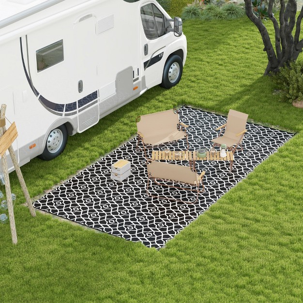 Outsunny Rv Mat Outdoor Patio Rug Large Camping Carpet With Carrying Bag 9 x27 X 18 x27 Waterproof Plastic Straw Reversible Black amp White Clover