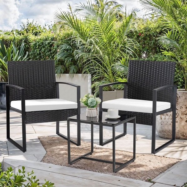 3 Piece Patio Bistro Set Outdoor Furniture Set with Glass Table，Rattan Conversation Sets for Porch Garden Balcony