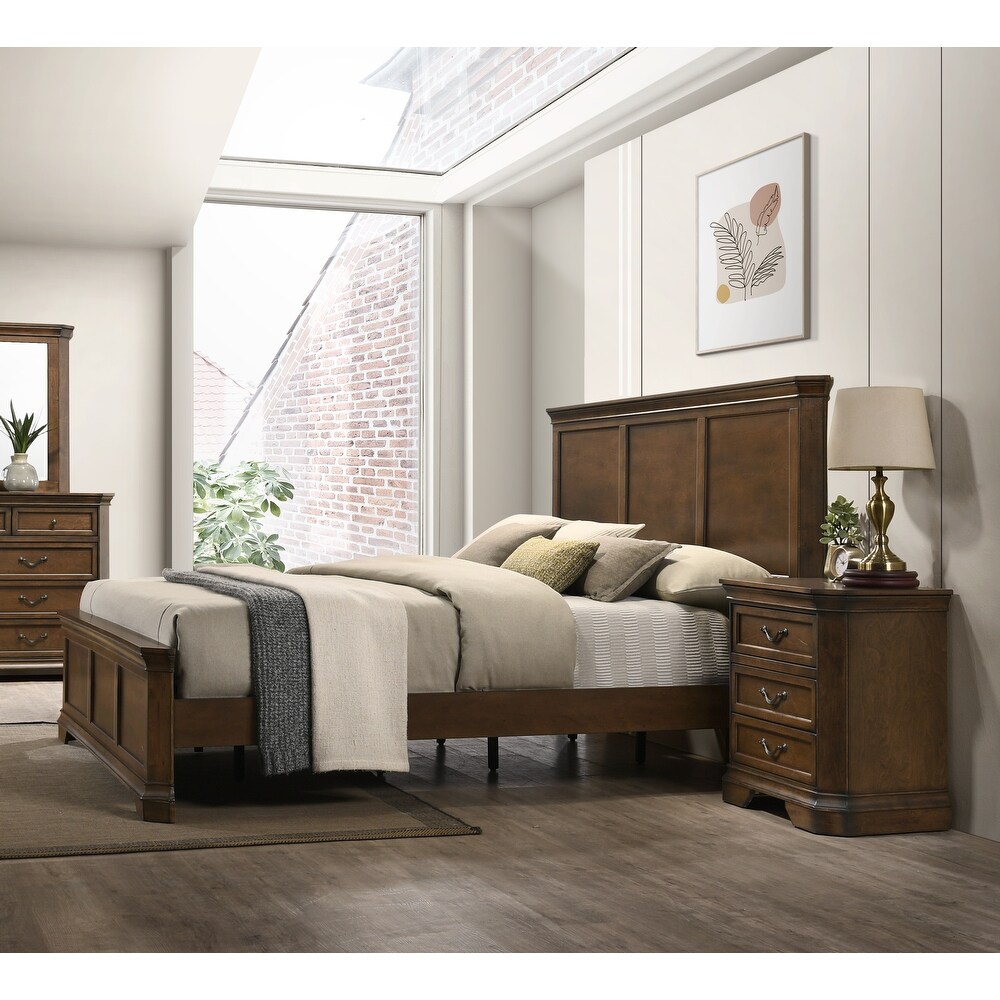 Roundhill Furniture Maderne 3 Piece Wood Bedroom Set  Panel Bed and Two Nightstands  Antique Walnut Finish