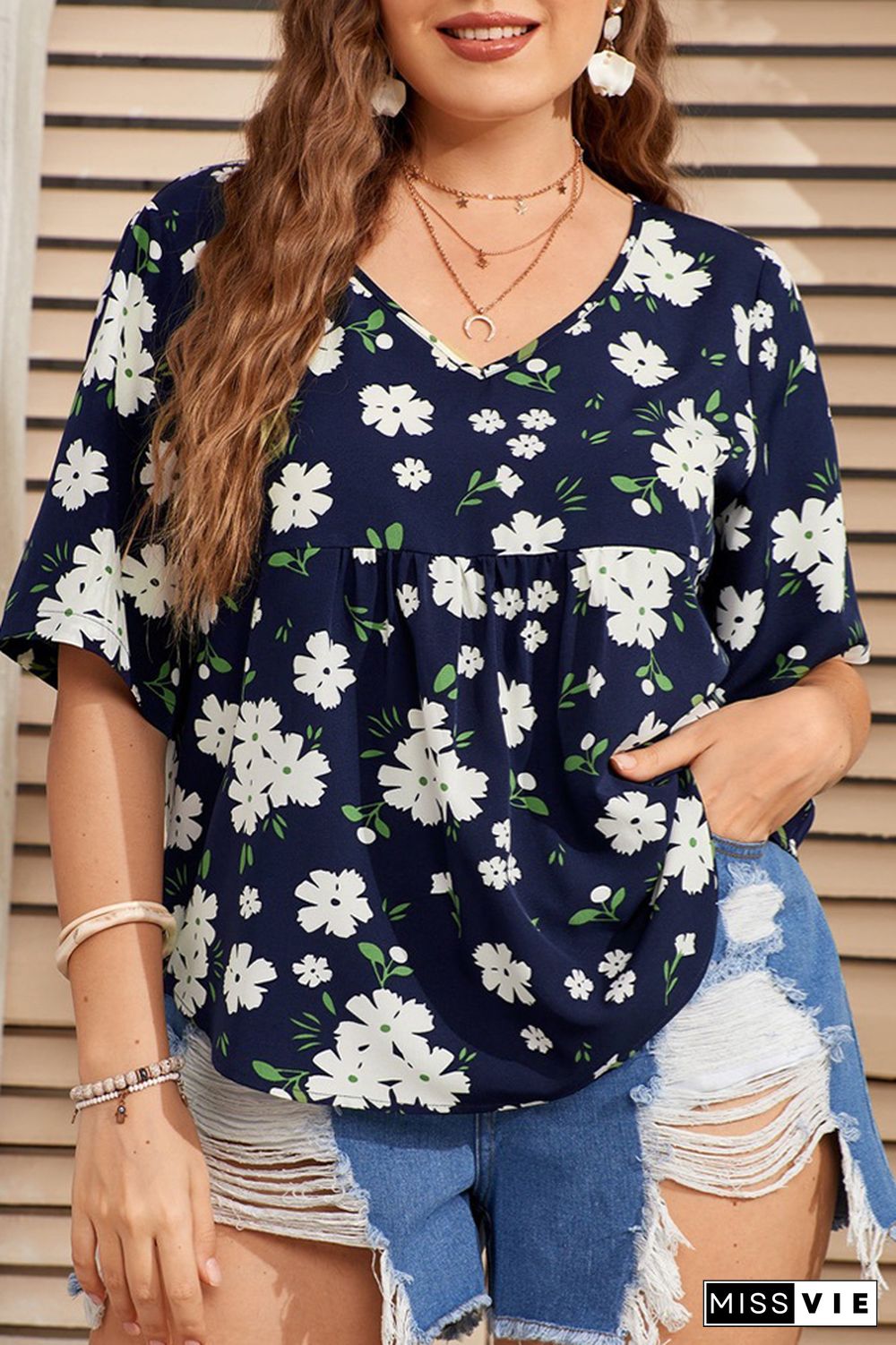 Navy Floral Print Ruffled Plus Size Blouse