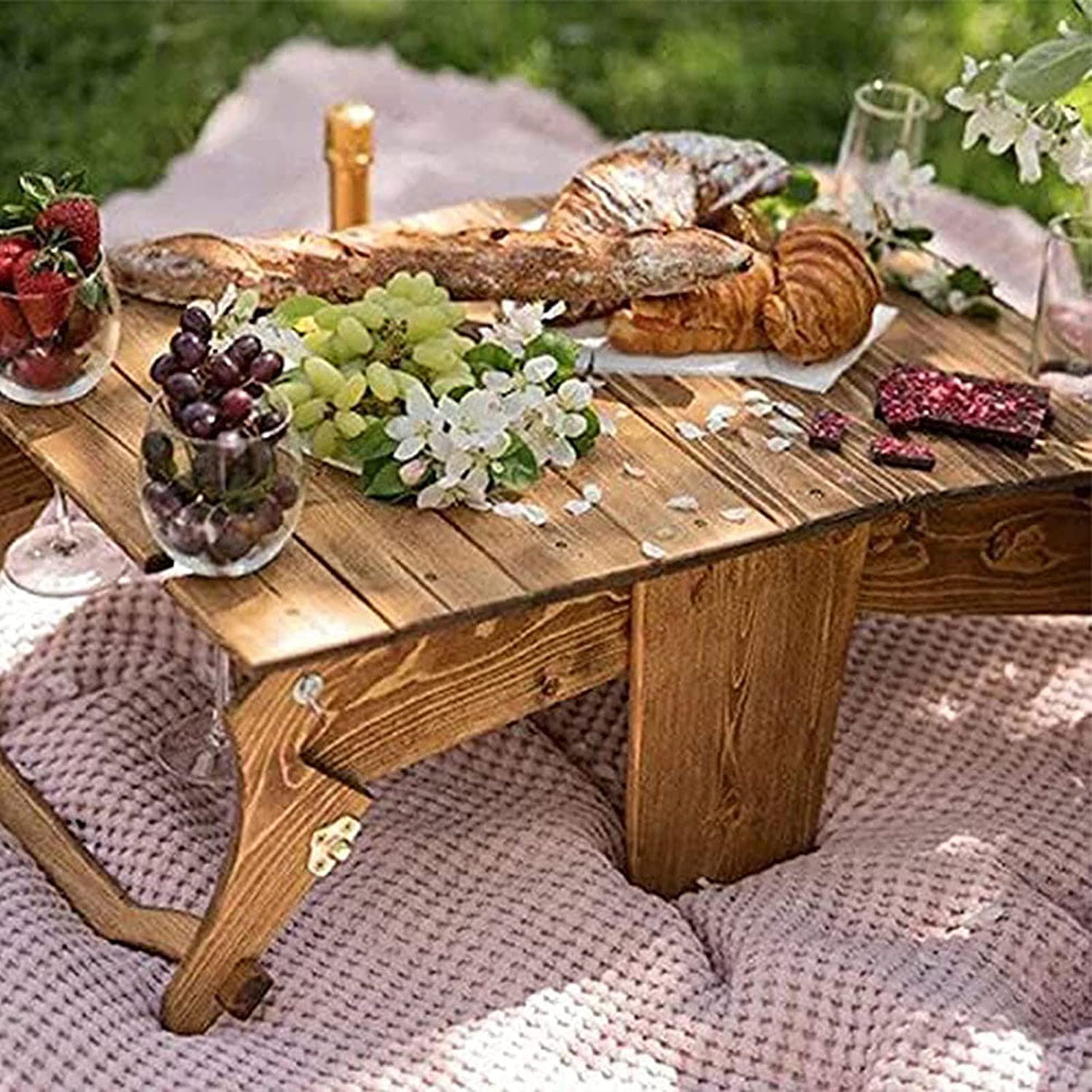 DTOWER Folding Picnic Basket Table Portable Wooden Picnic Table Collapsible Table for Lawn Beach Indoor Outdoors Garden Travel