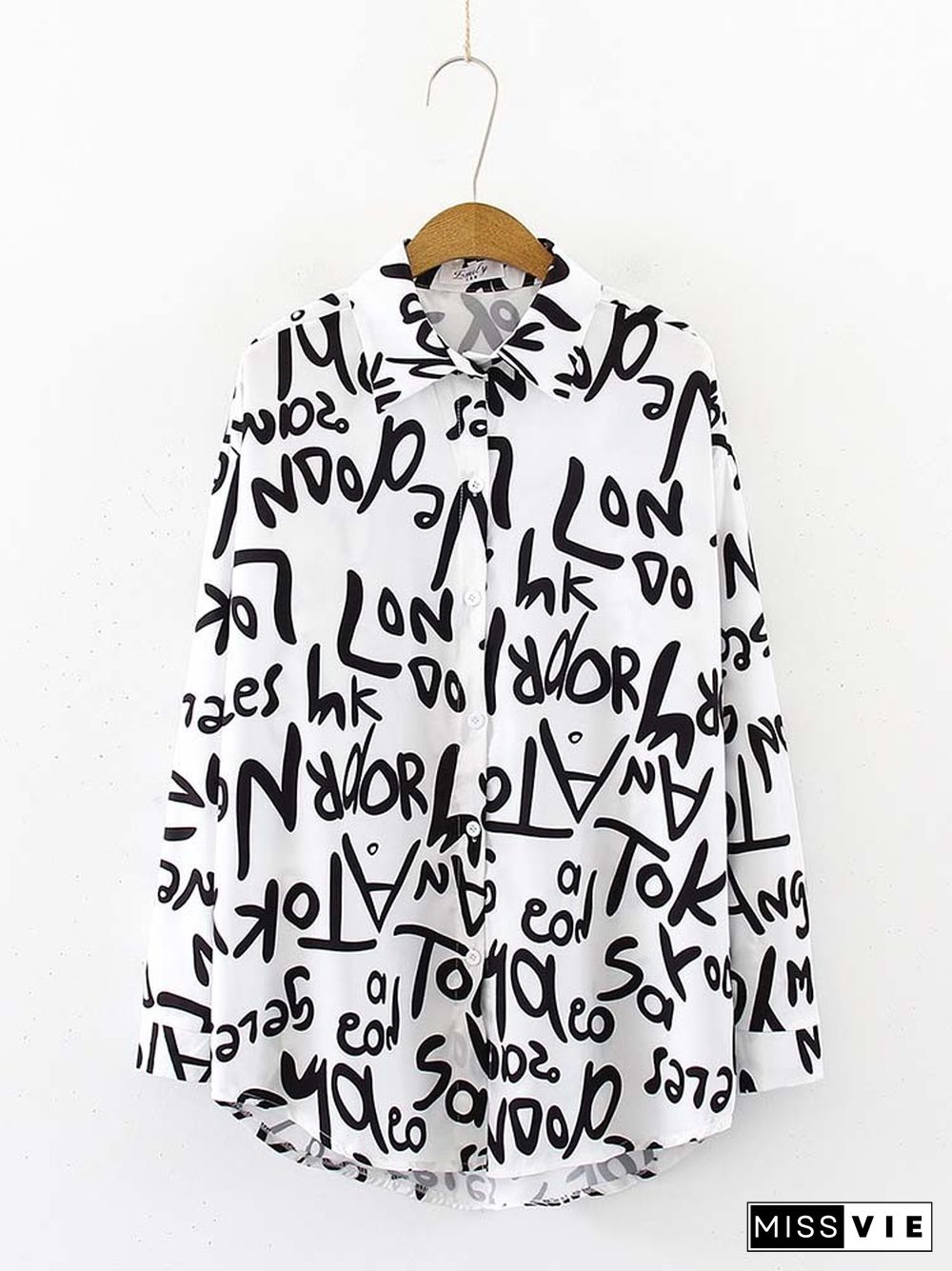 Graffiti Print Blouse Women Autumn Turn-down Collar Long Sleeve Plus Size Office Elegant Ladies Shirts Casual Tops And Blouses