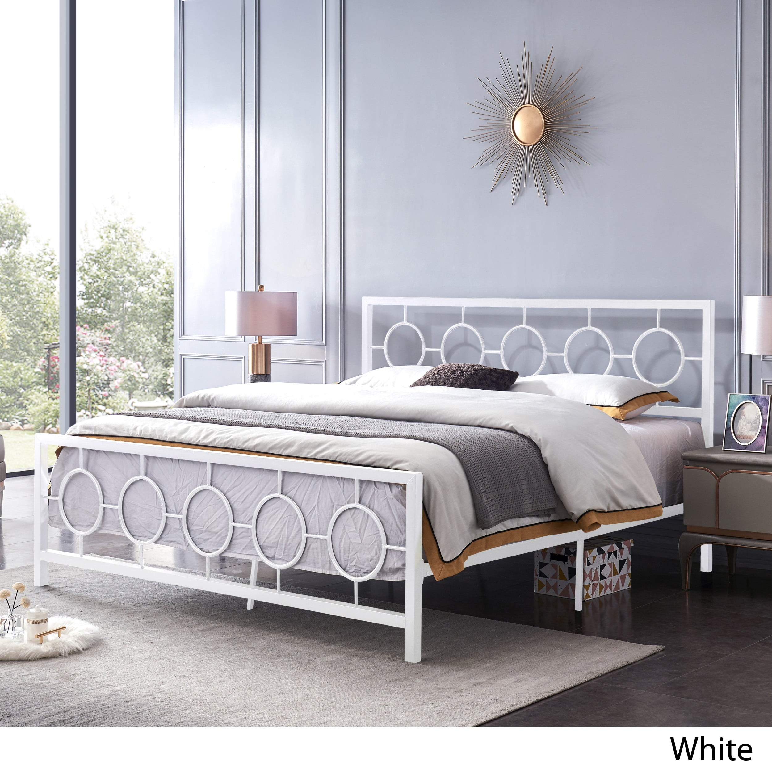 Noble House Ewelina Modern King-Size Iron Geometric Low-Profile Bed Frame, White