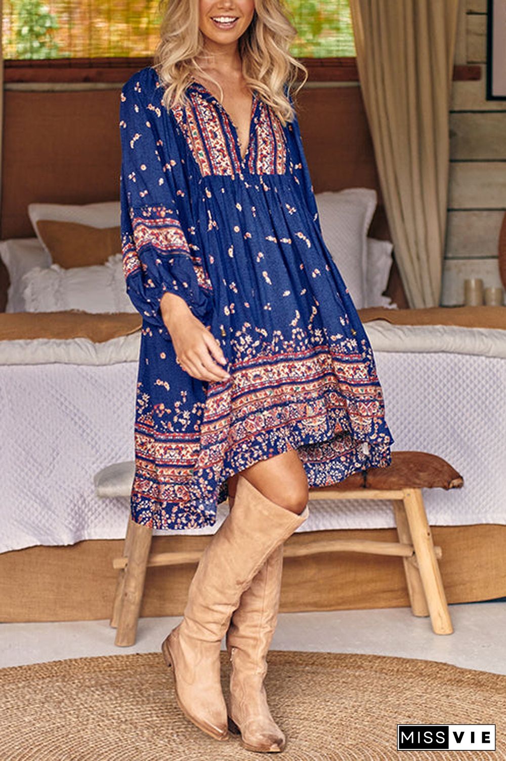 Boho Print Long Sleeve Mini Dress