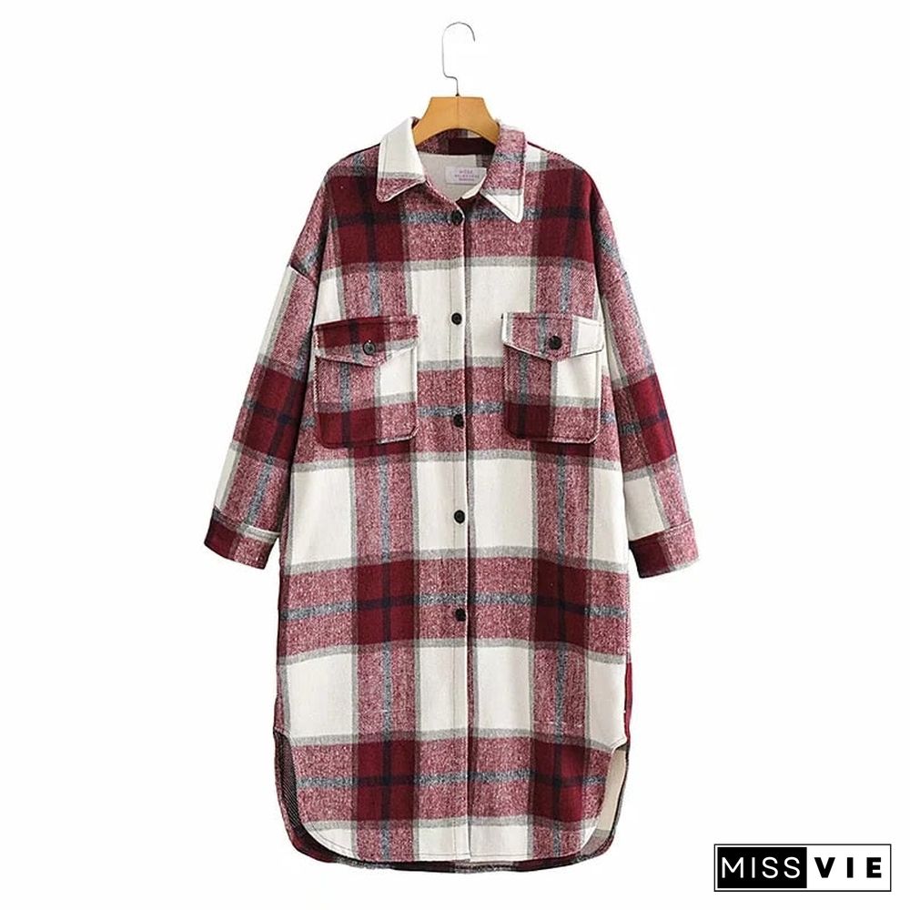 New Autumn Winter Women Casual Loose Blue Plaid Jacket  Warm Overcoat Fashion Long Coats