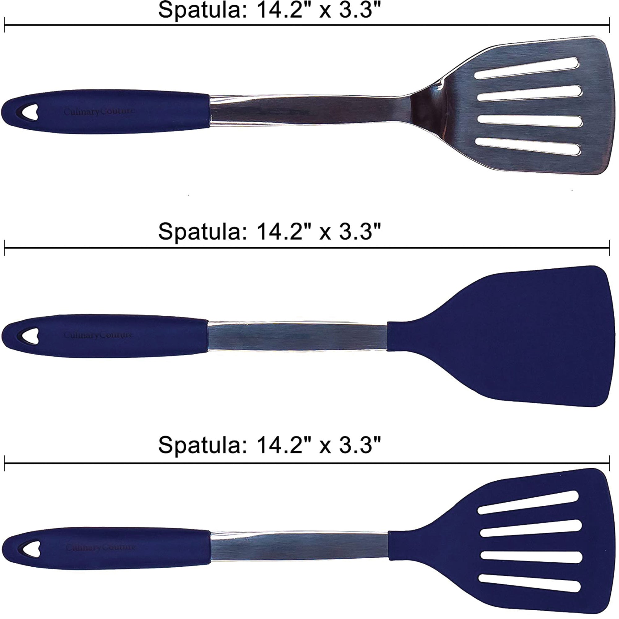 Culinary Couture Silicone Spatula Turner Set Stainless Steel Cooking Utensils Blue