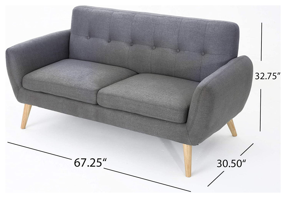 Mid Century Loveseat  Angled Natural Legs  ampButton Tufted Fabric Back  Dark Grey   Midcentury   Loveseats   by Decor Love  Houzz