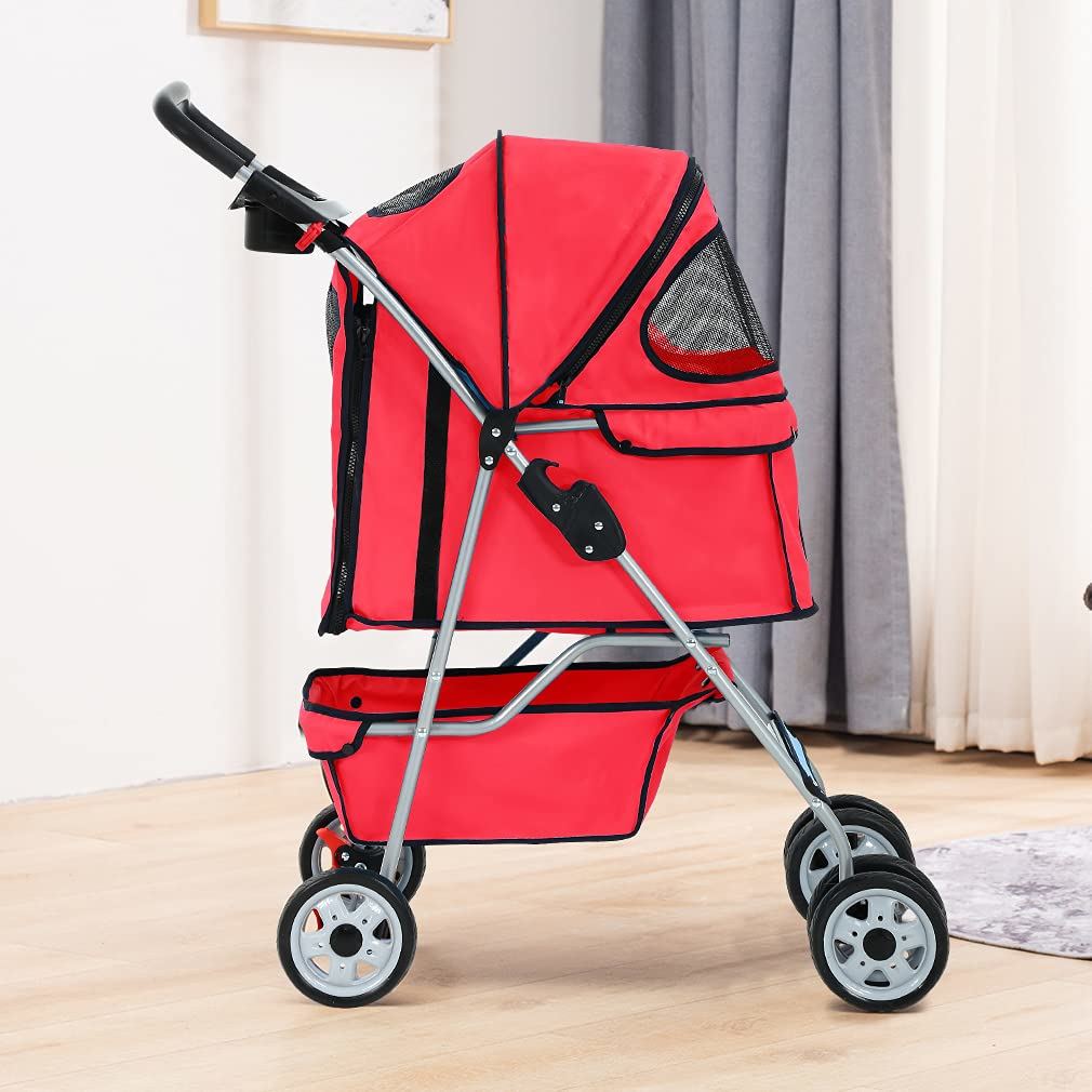 YRLLENSDAN Pet Gear Dog Stroller Small Dogs， Folding Cat Stroller with Cup Holders 4 Wheel Pet Strollers for Small Dogs Puppy Stroller Travel Carrier Dog Stroller for Medium Dogs， Red