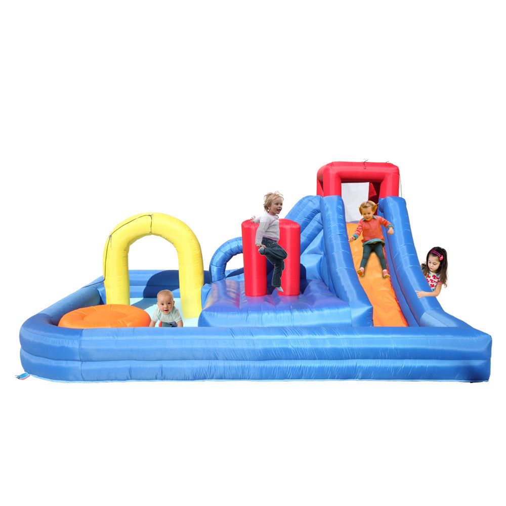 Summer Large Inflatable Bounce House Castle, Water Fun Slide Pool, 420D Oxford Cloth PVC Without Fan With Nozzle Arch-Dark Blue