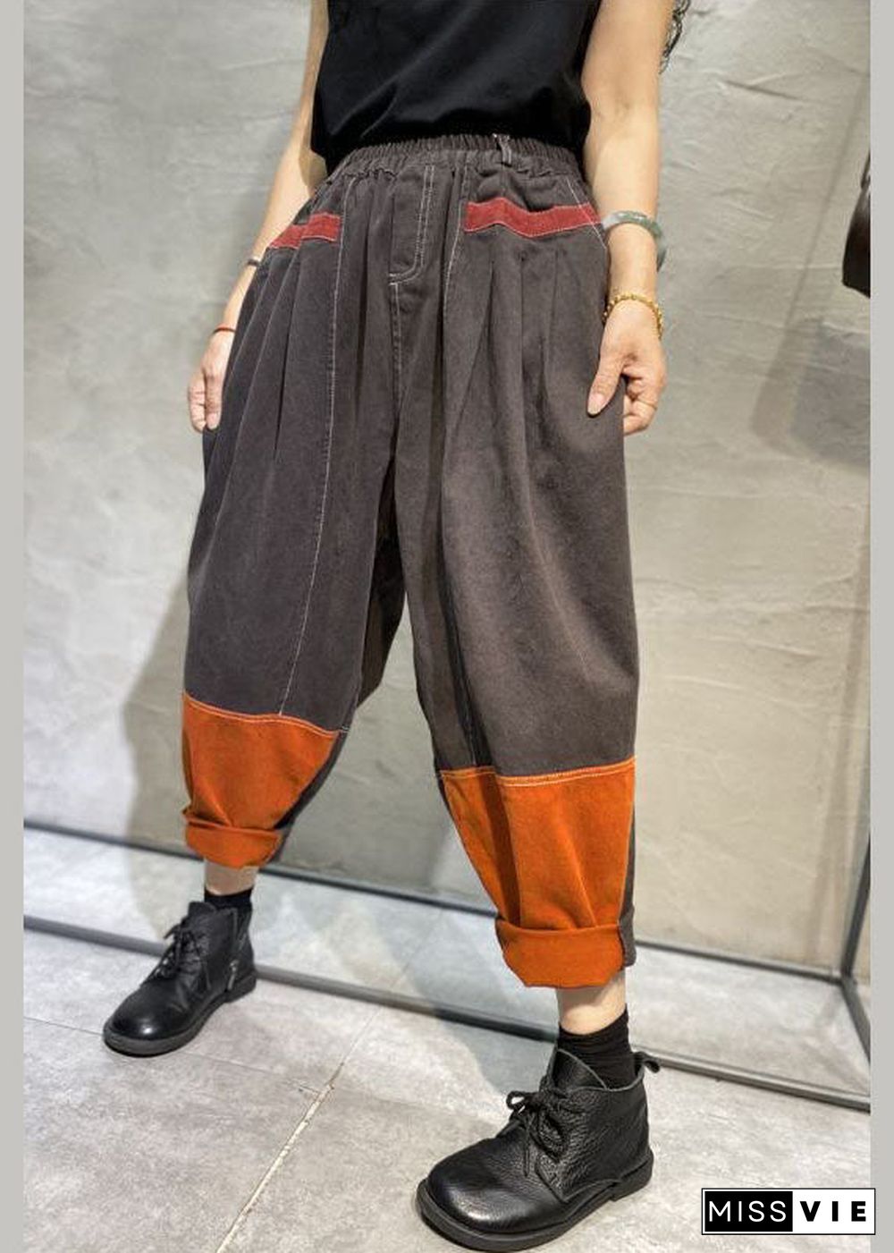 Bohemian Grey Patchwork Cotton Pants Spring