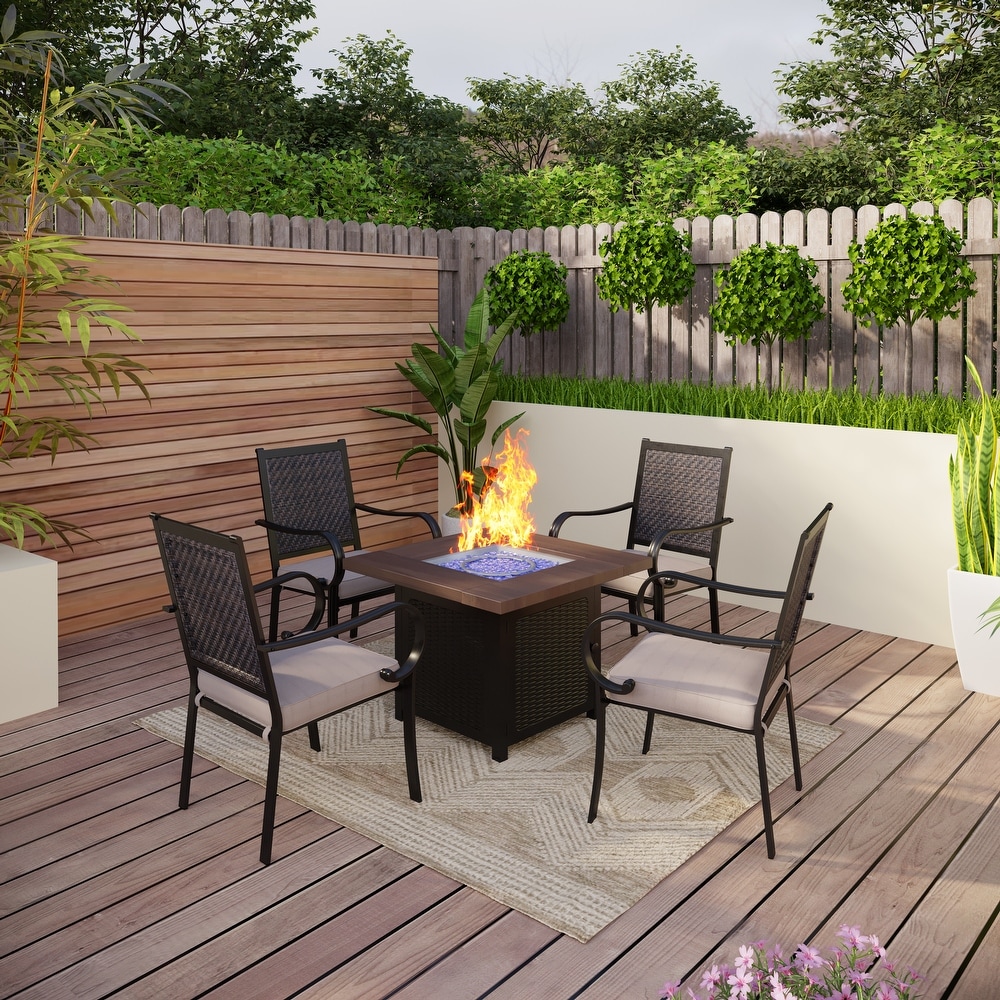 5 piece Patio Dining Set  4 Rattan Chairs and 1 Wood look Powder coated Steel Fire Pit Table