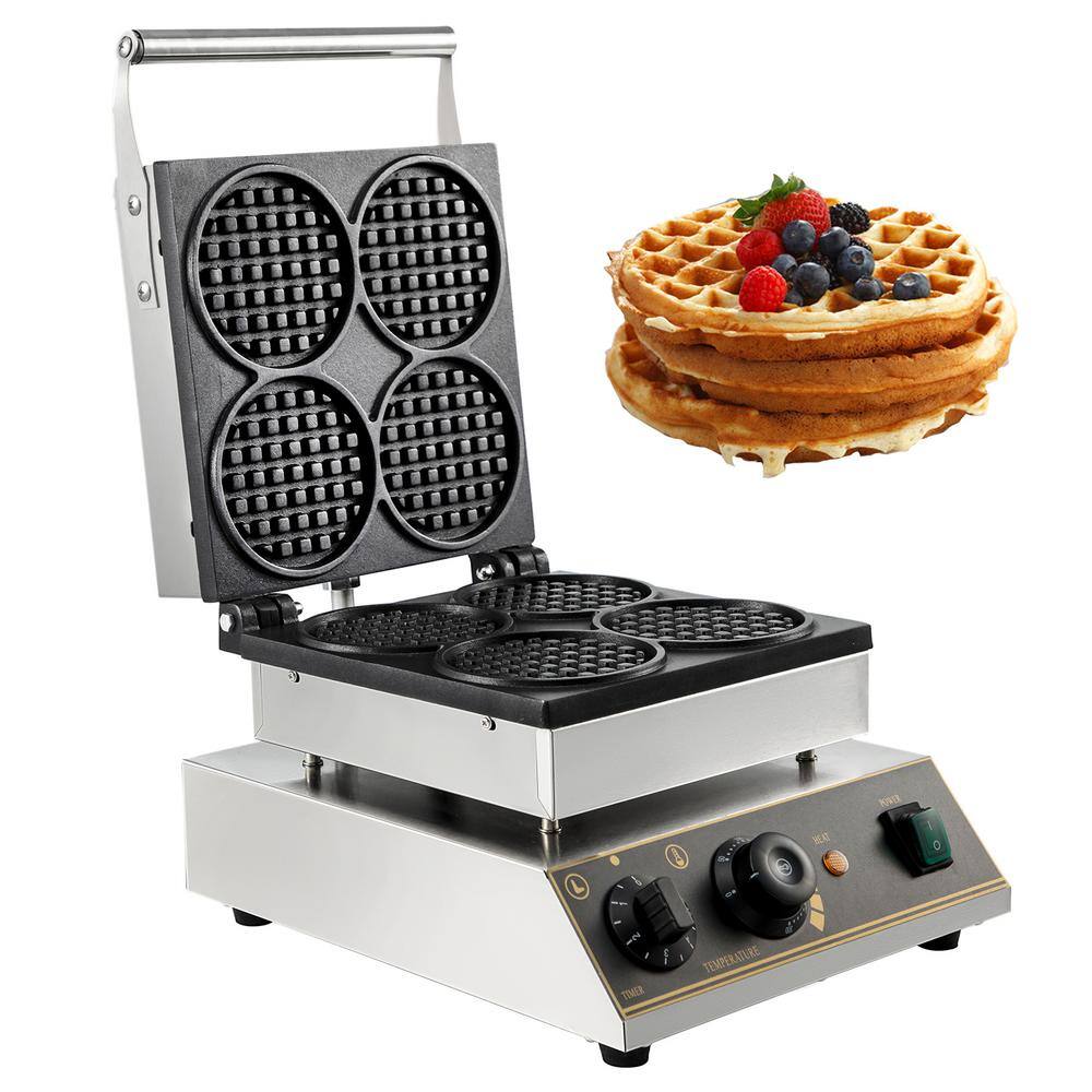 VEVOR 1750-Watt Commercial Round Waffle Maker 4-Waffle Stainless Steel Nonstick Electric Muffin Machine Belgian Waffle Maker HFBJ4GYXHFL2206B1V1