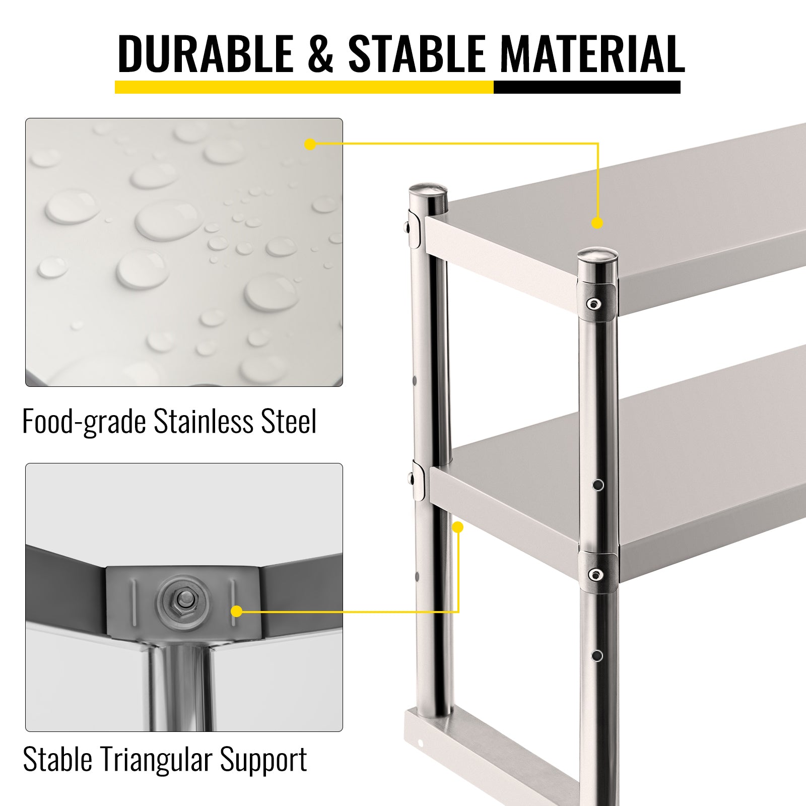 VEVOR Double Overshelf， Double Tier Stainless Steel Overshelf， 60 in.Length x 12 in.Width Double Deck Overshelf， Height Adjustable Overshelf for Prep and Work Table in Kitchen， Restaurant and Workshop