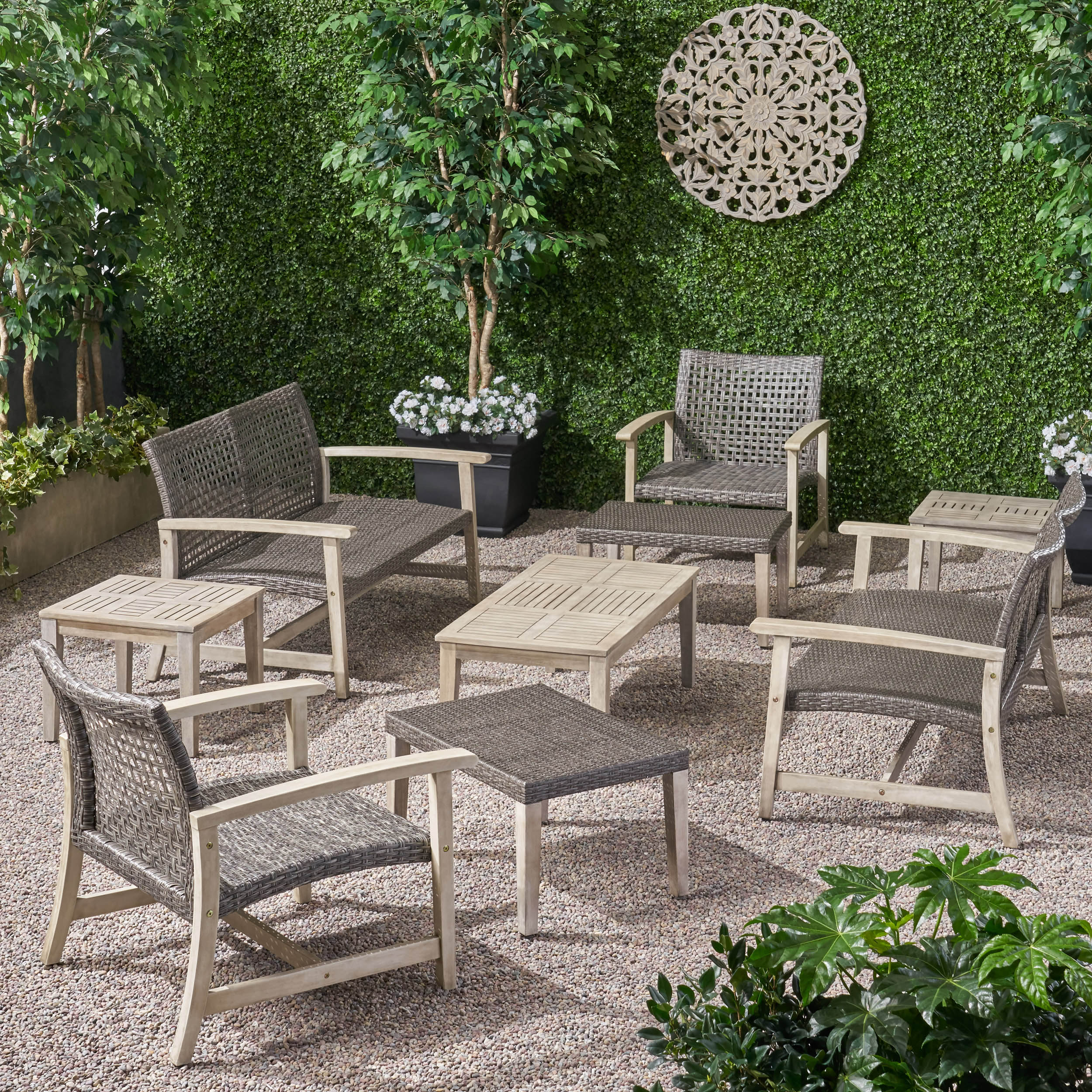 Alyssa Outdoor 9 Piece Wood and Wicker Chat Set