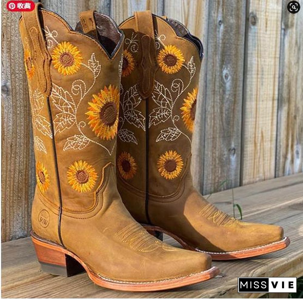 Women's Boot Sunflower Embroidery Cowboy Boots for Women Thick Heel Leather Boots Plus Size 35-43