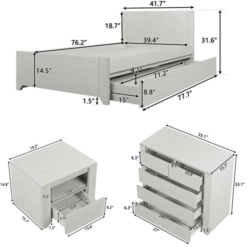 3 Pieces Simple Style Manufacture Wood Bedroom Sets with Twin bed  Nightstand and Chest  Stone Gray