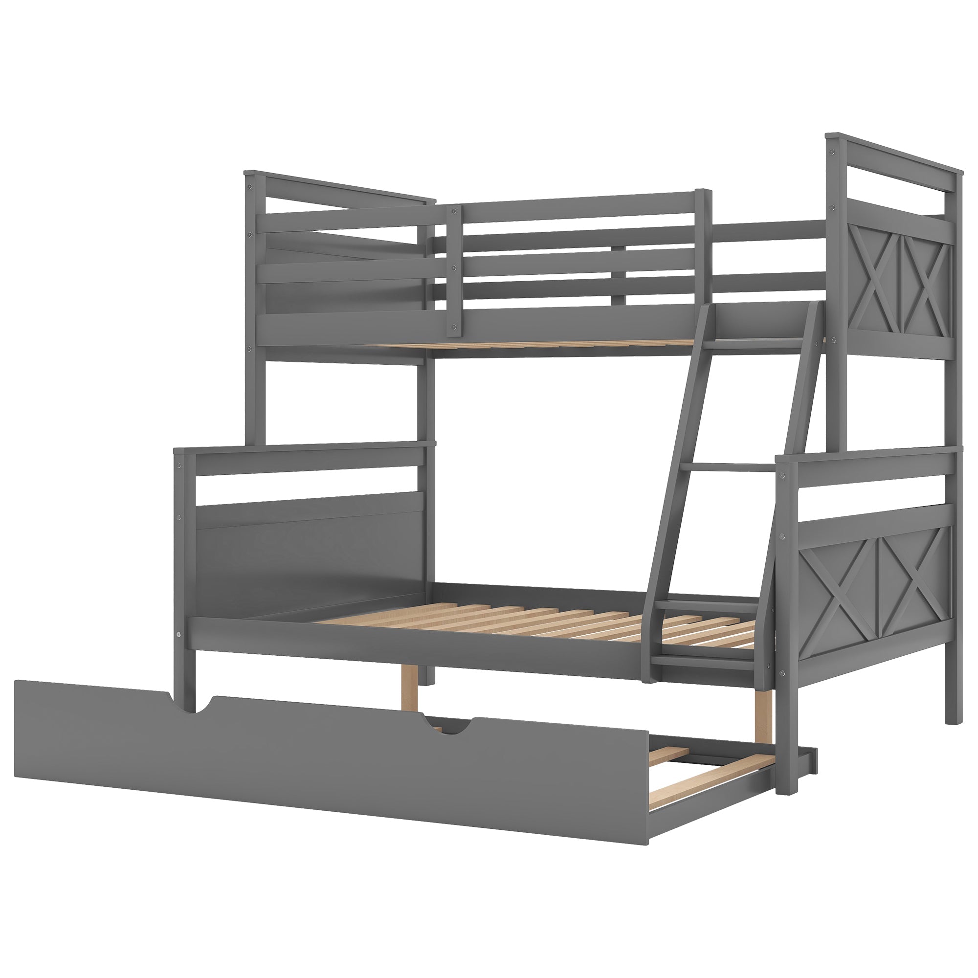 Euroco Wood Twin over Full Bunk Bed with Trundle for Kids & Adults Bedroom, Gray