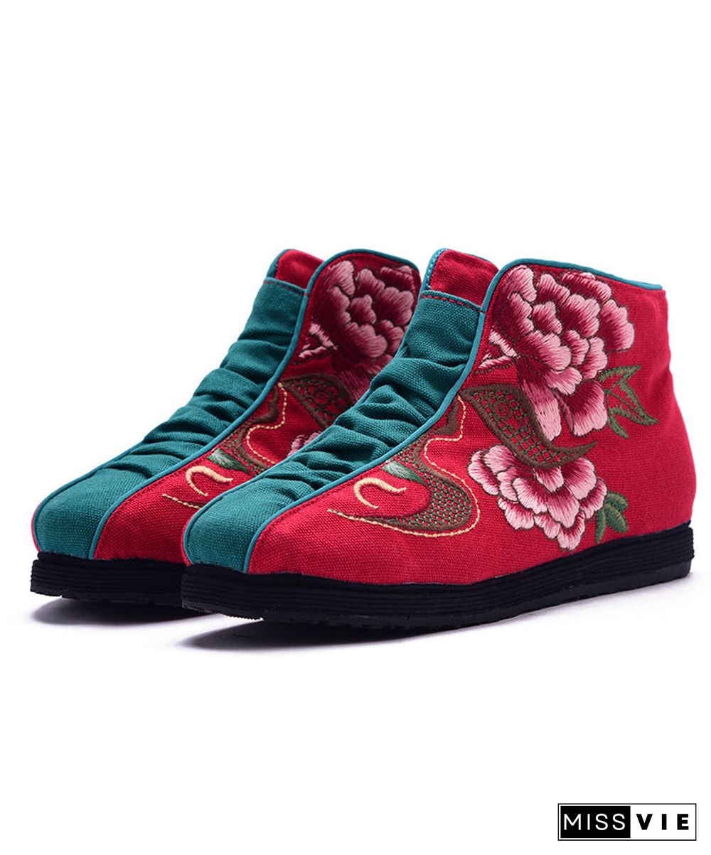 Casual Embroideried zippered Splicing Boots Red Linen Fabric Ankle boots